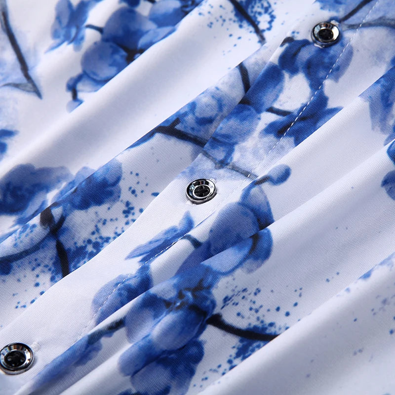 2026 Summer Men's White Short-Sleeved Printed Shirt, Blue Single-Breasted Lapel Shirts, Asian Sizes M-7XL.