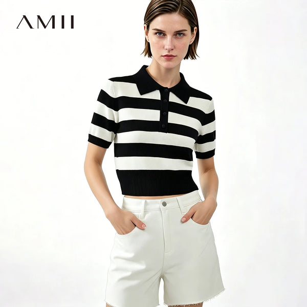 Amii Stripe Women's Knit Top 2026 Summer New Polo Neck Short Sleeve Sweater Slim Fit Casual Cropped Pullover For Women 12622209