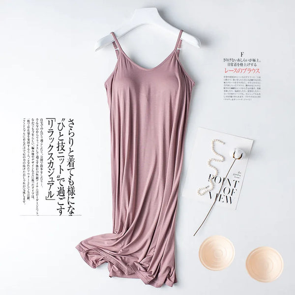 ឈុតគេង Sexy Modal Chest Pad Sleepwear Dress Cup Women's Base Nightdress Pajamas Home Wear Suspender Nightgown Female Sleep Shirt
