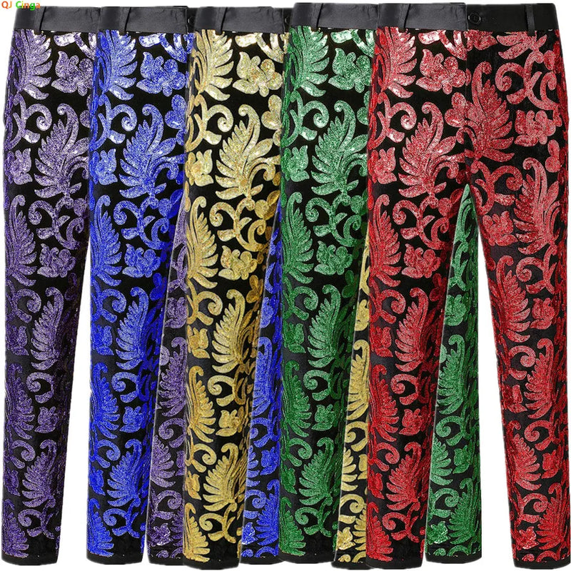 2026 New Men's Red Suit Pants, Blue Sequined Stage Performance Pants, Purple, Green, and Gold Options Available.