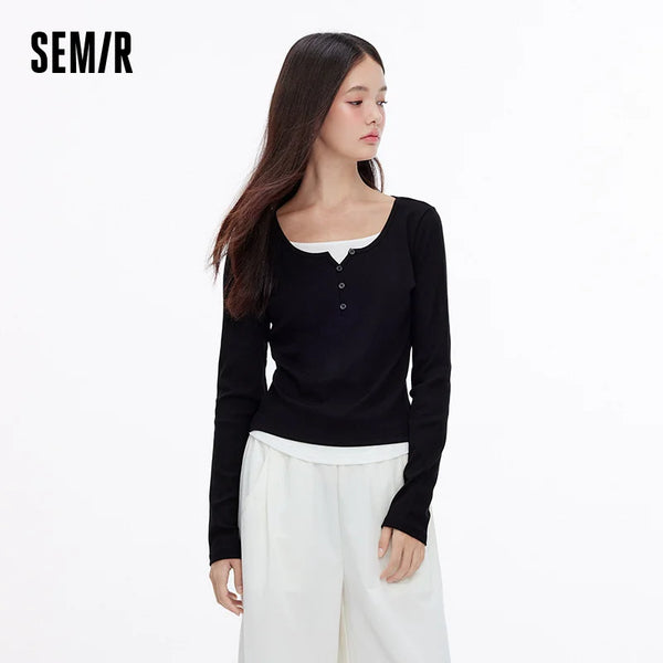 អាវយឺត Semir សម្រាប់នារី ដៃវែង រាងកោង ដេរប៉ាក់ពីរដុំ រចនាបថធម្មតា ស្លៀកប្រចាំថ្ងៃ រដូវស្លឹកឈើជ្រុះ ឆ្នាំ២០២៦