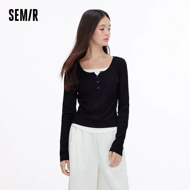 Semir Women Tshirt Slim Long Sleeve Curved Hem Patchwork Faux Two Piece Base Top Autumn Casual Style Daily Wear 2026