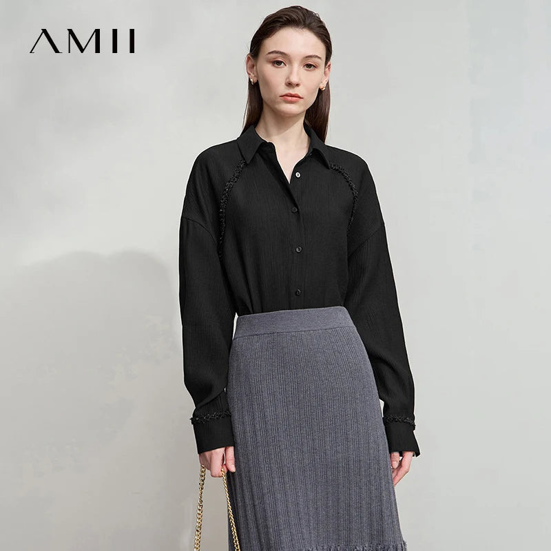 អាវ AMII រចនាបែប Minimalism រដូវស្លឹកឈើជ្រុះឆ្នាំ ២០២៥ អាវថ្មីសម្រាប់នារីការិយាល័យ អាវរលុង ស្មាទម្លាក់ រោមចៀម ដៃវែង អាវធម្មតា 12523099