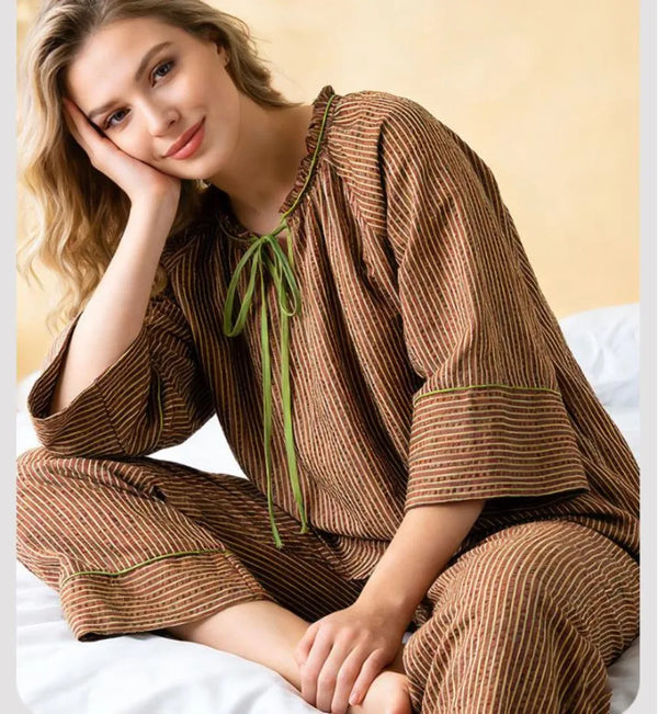 100% Cotton Pajamas for Women Nightwear Striped Princess Sleepwear New Spring Summer Two-pieces Pijama Female Pajamas Home Wear