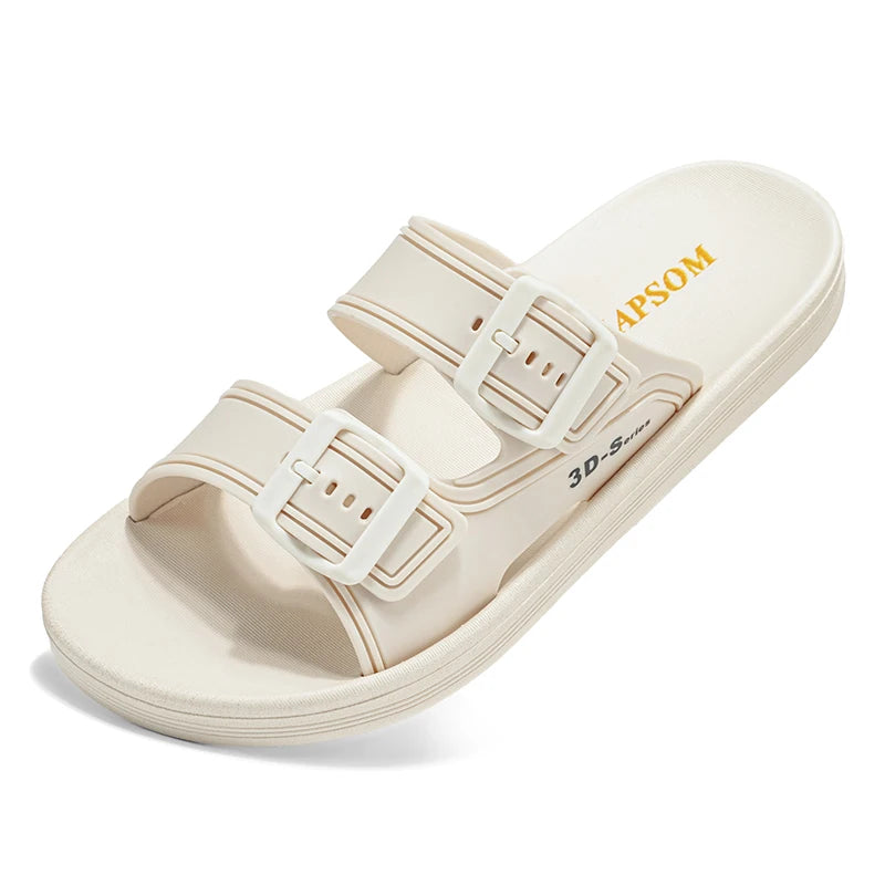 Men's Double Adjustable Buckle Slide Sandals EVA Open Toe Slippers Non Slip Cushioned Summer Slides for Indoor Beach Outdoor