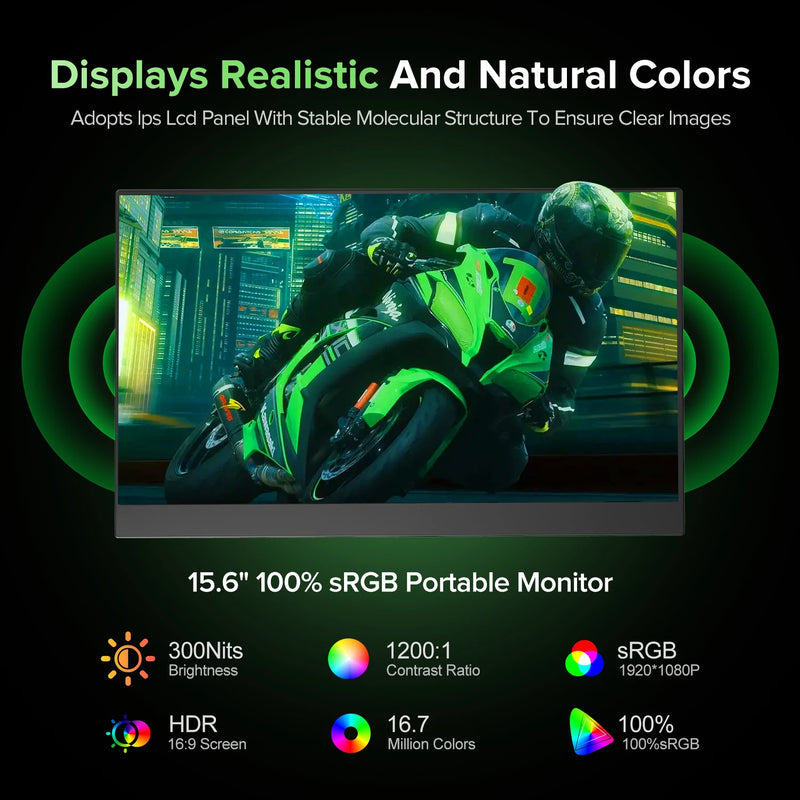 អេក្រង់ទំហំ 15.6 អ៊ីញ IPS 1920X1080 FHD អេក្រង់ថែរក្សាភ្នែកសម្រាប់ការធ្វើដំណើរ អេក្រង់លេងហ្គេម USB C ឧបករណ៍បំពងសម្លេងពីរ អេក្រង់ខាងក្រៅសម្រាប់កុំព្យូទ័រយួរដៃ MINI PC