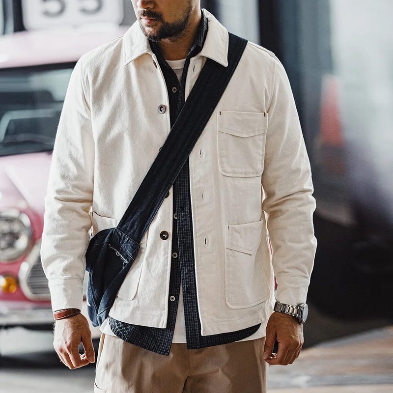 អាវធំ Maden Retro Heavyweight Cotton ជាមួយនឹងដៃអាវ Twill Lapel Sleeves Corduroy Splicing Design Single-Breasted Coat សម្រាប់រដូវស្លឹកឈើជ្រុះរបស់បុរស