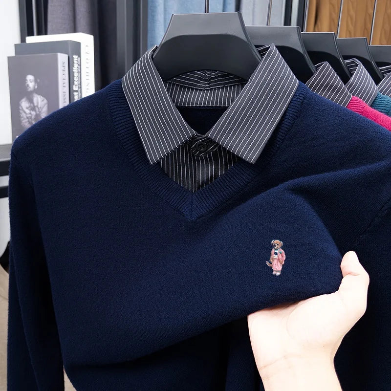 Multi-Color Selection Man False Two-Piece Long-Sleeved Knitwear Bear Embroidery Autumn Winter New Pullover Casual Men's Clothing