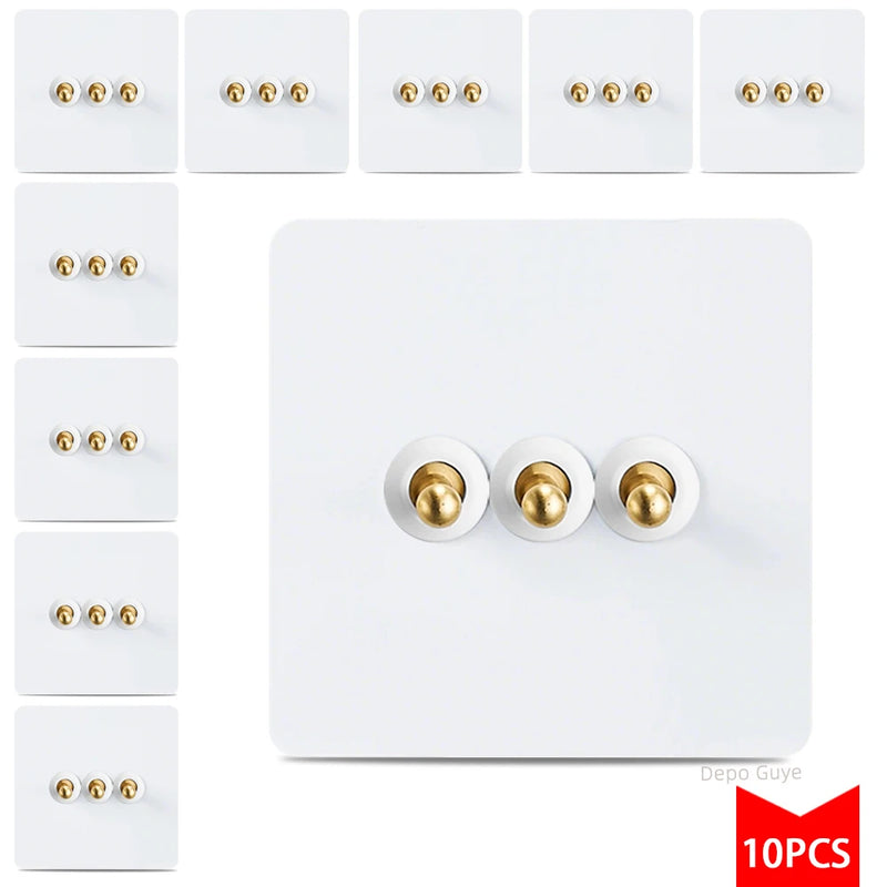 5/10 PCS 86 Type Retro White Wall Lamp Brass Lever Toggle Switch 1/2/3/4 Gang 2Way Stainless Steel Wall Panel Switch