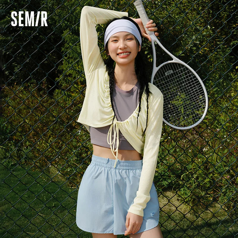 Semir Womens Cardigan 2026 Short Slim Linen Like Solid Drawstring Bow Sweet Gentle Casual Soft
