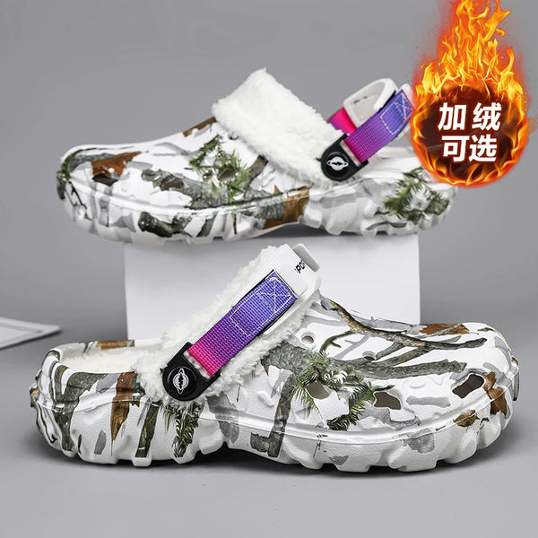 Winter Camo Fleece Lined Clogs Wide Toe Box Lightweight EVA Garden Shoes Adjustable Strap Non-slip Indoor Outdoor Slippers