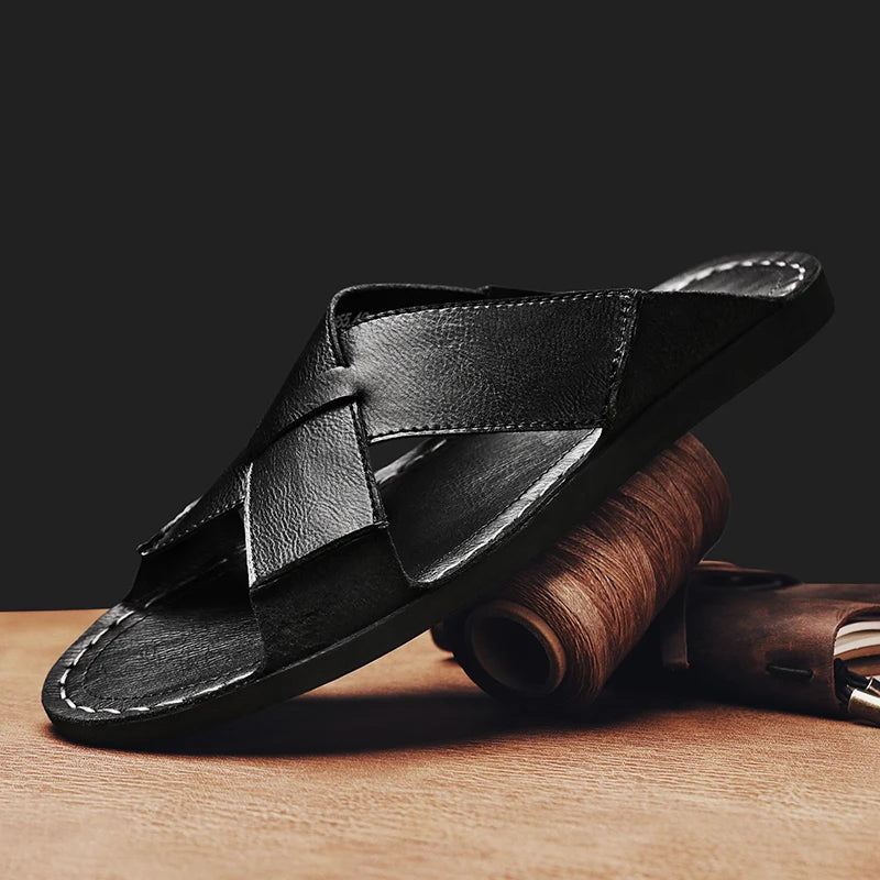 Men Cross Strap Leather Slide Sandals Open Toe Flat Slippers Male Non Slip Rubber Sole Summer Casual Outdoor Beach Shoes Vintage
