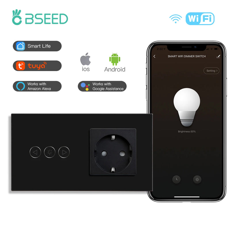 BSEED Wifi Dimmer Switch Smart Dimmable Touch Switch With EU Socket Glass Panel Support Tuya Smart Life Google Home Control