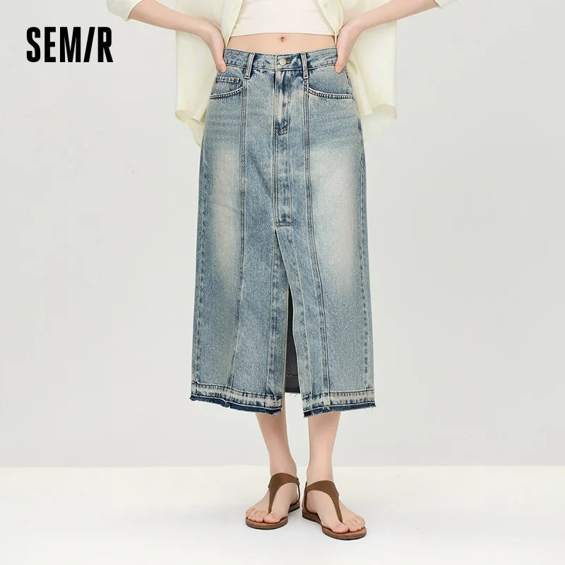 Semir Women Skirt Panelled 2026 Side Split Raw Hem Straight Urban Casual Everyday Style Soft Comfortable Daily Wear Trendy