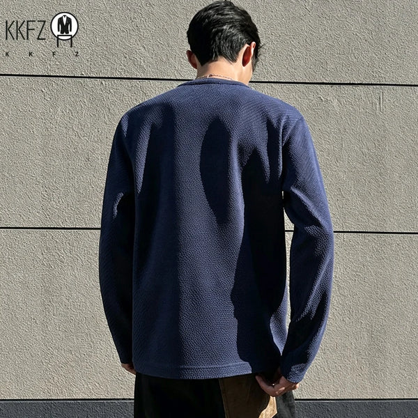 Mens Casual Loose Long Sleeve Henley Top Waffle Knit Texture Three Button Placket Breathable Fabric Daily Wear