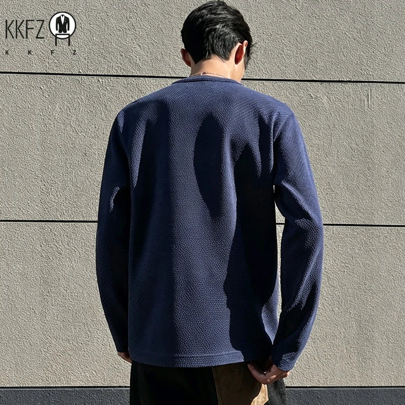 Mens Button Notch Henley Pullover Long Sleeve Waffle Knit Fabric Loose Fit For Daily And Casual Occasions
