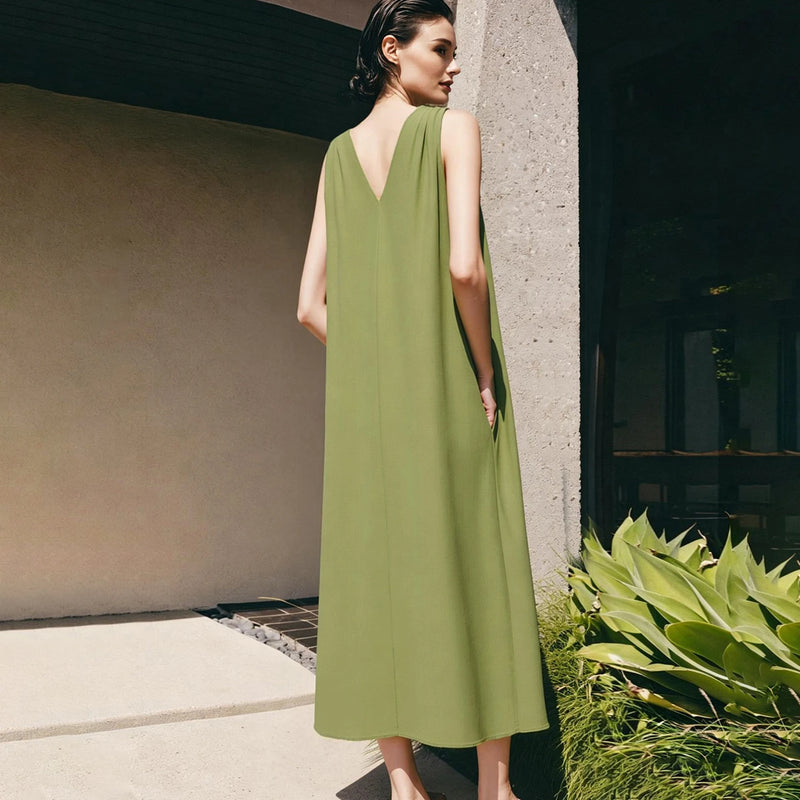 Amii Sleeveless Women's Dress 2026 Summer New Elegant Beaded V-Neck Pocket Loose Fit Solid Color Holiday Long Dresses 12642142