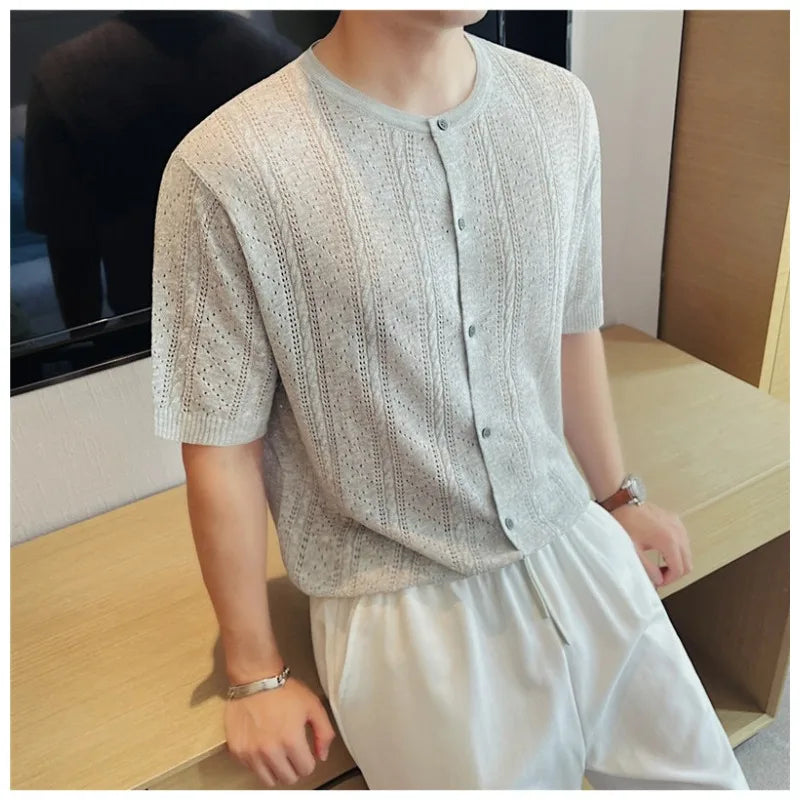 Men's Linen Blend Short Sleeve Knit Cardigan – Breathable Hollow-Out Stand Collar Top with Relaxed Fit for Casual & Outdoor Wear