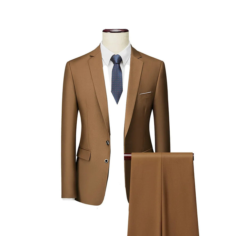 2026 New Men's 2-Piece, Dark Green Slim Fit Suit Set with Pure Color Jacket & Pants for Office/Interview/Wedding/Party/Business