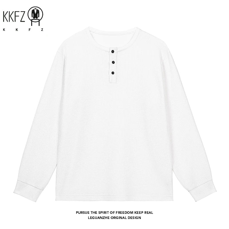 Autumn Basic Long Sleeve Pullover Men Round Neck Waffle Knit Button Notch Easy Matching Daily Street Fashion Apparel