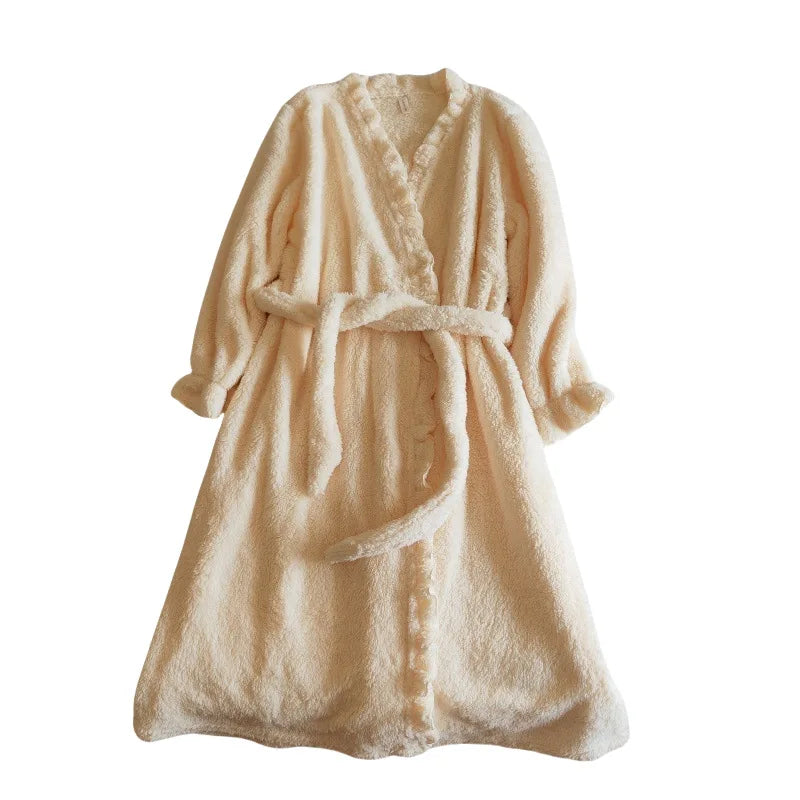 Winter Sleeping Pajamas Coral Fleece Warm Sleepwear Robe Loose Flannel Thicken Home Wear Bathrobes For Women Nightwear Clothes