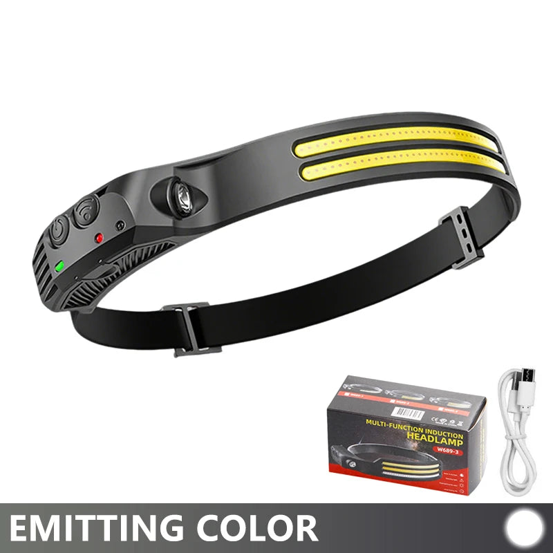 ភ្លើងមុខ COB LED ដែលអាចសាកបានដោយ USB ជាមួយឧបករណ៍ចាប់សញ្ញាចលនា ភ្លើងពិលធំទូលាយ ការពារទឹក សម្រាប់ការបោះតង់ នេសាទ ក្រៅផ្ទះ