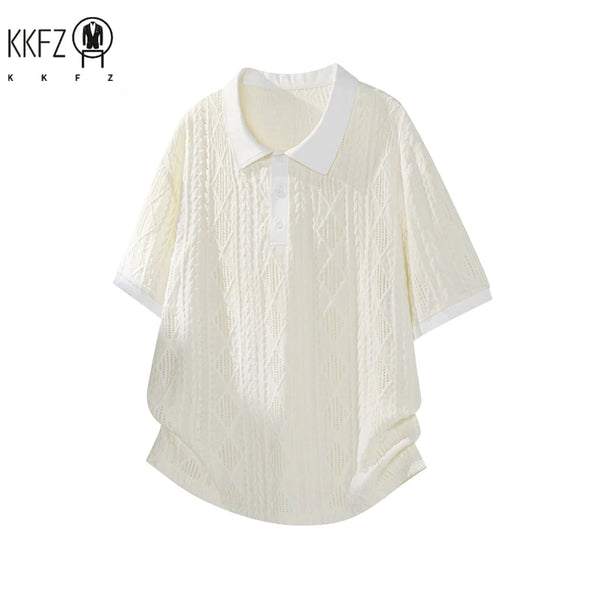 Mens Loose Oversized Diamond Pattern Polo Shirt Short Sleeve Button Placket Lightweight Fabric For Commute Multi Occasion Wear