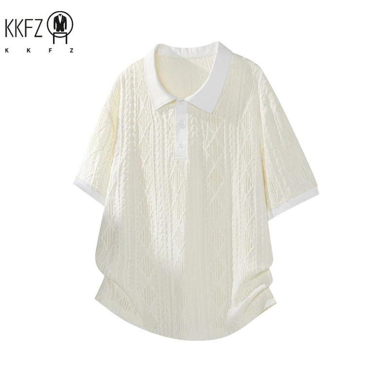 Mens Loose Oversized Diamond Pattern Polo Shirt Short Sleeve Button Placket Lightweight Fabric For Commute Multi Occasion Wear