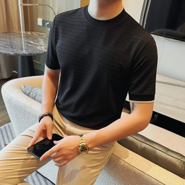Men's Slim Fit Fake Two Pieces T-Shirt Short Sleeve O-Neck Contrast Color Striped Stretchy Casual Cool Touch Top Fashion Tee