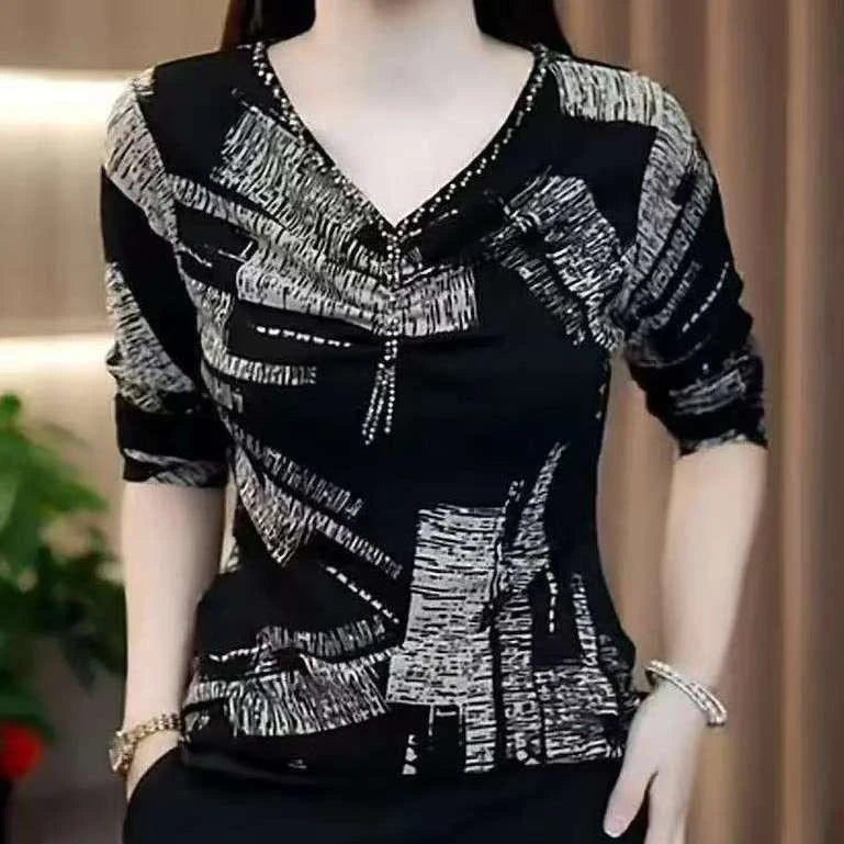 អាវយឺតក V ថ្មី រចនាបថចរ រាងប្រហោង សម្លៀកបំពាក់នារី ម៉ូដទាន់សម័យ បែបពេជ្រ ធម្មតា បោះពុម្ពលើអាវក្រៅ បែបខ្លារខិន