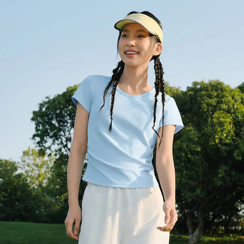 Semir Womens Tshirt 2026 Short U Neck Regular Shoulder Ruched Slim Embroidered Knitted