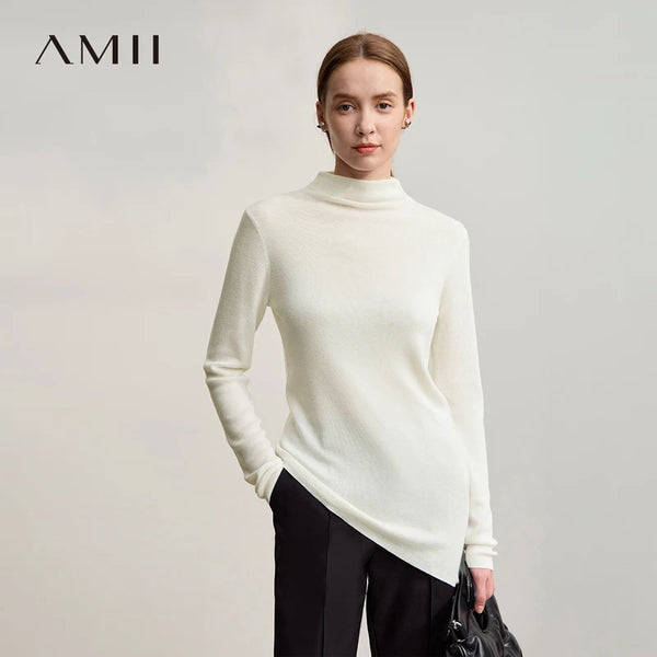 Amii Woman Sweater 2026 Winter New Casual Versatile Semi-turtleneck Sweater Asymmetrical Pullover Knitted Top Women 12524129