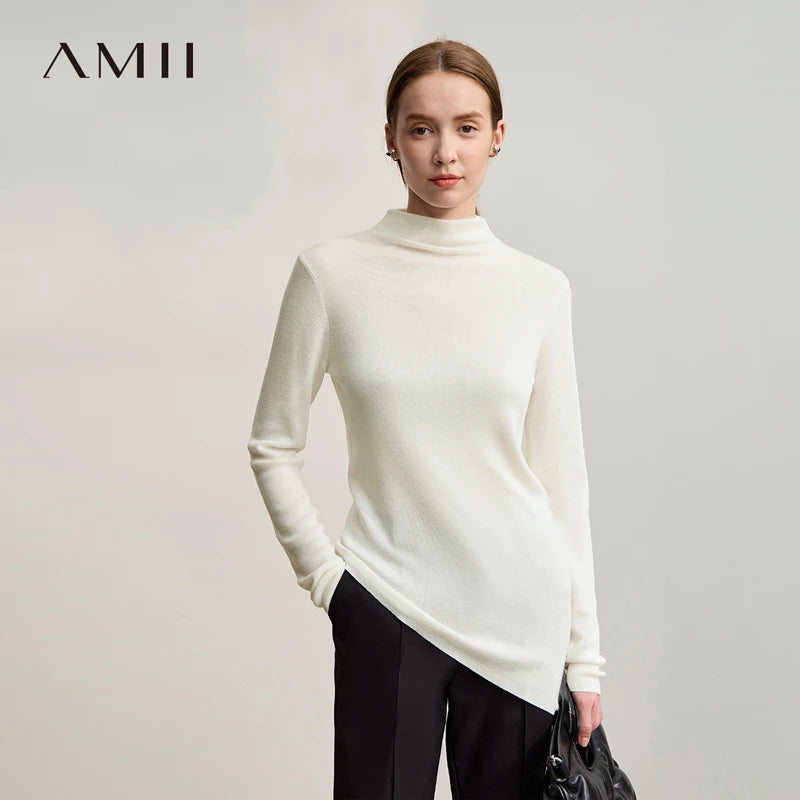 Amii Woman Sweater 2026 Winter New Casual Versatile Semi-turtleneck Sweater Asymmetrical Pullover Knitted Top Women 12524129