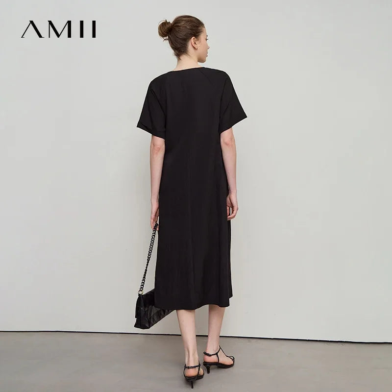AMII Minimalist Women's Dress Raglan Sleeve 2026 Summer Short Sleeve Solid Swing Collar Hollow Out Loose Female Dress 12551030