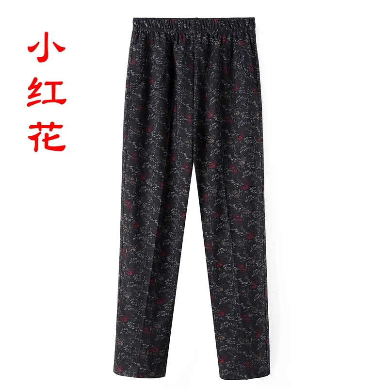 ខោស្ត្រីវ័យកណ្តាលទំហំ ៨XL ៩XL បោះពុម្ពថ្មី ចង្កេះខ្ពស់ ខោធម្មតា ខោនិទាឃរដូវ និងរដូវស្លឹកឈើជ្រុះ ខោត្រង់ ទំហំធំ យាយប៉ា