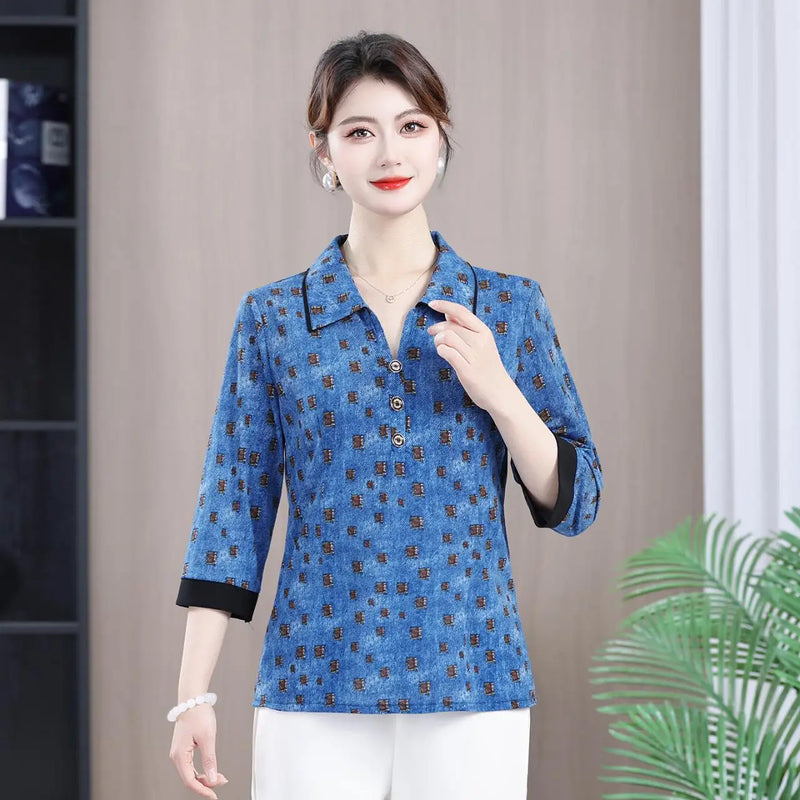 អាវយឺត Pullover ថ្មី កអាវបត់ចុះ បោះពុម្ពធរណីមាត្រ អាវបីភាគបួន រលុង