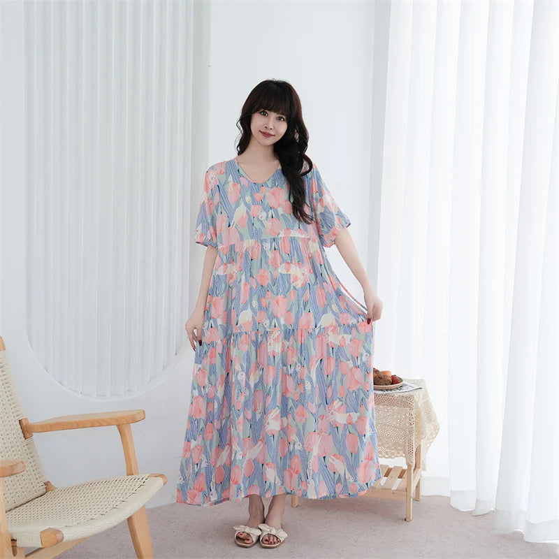 Loose Ladies Nightgowns Causal Night Wears For Women Nightshirt Short Sleeve Printed Nightdress Oversized Cotton Sleep Dress