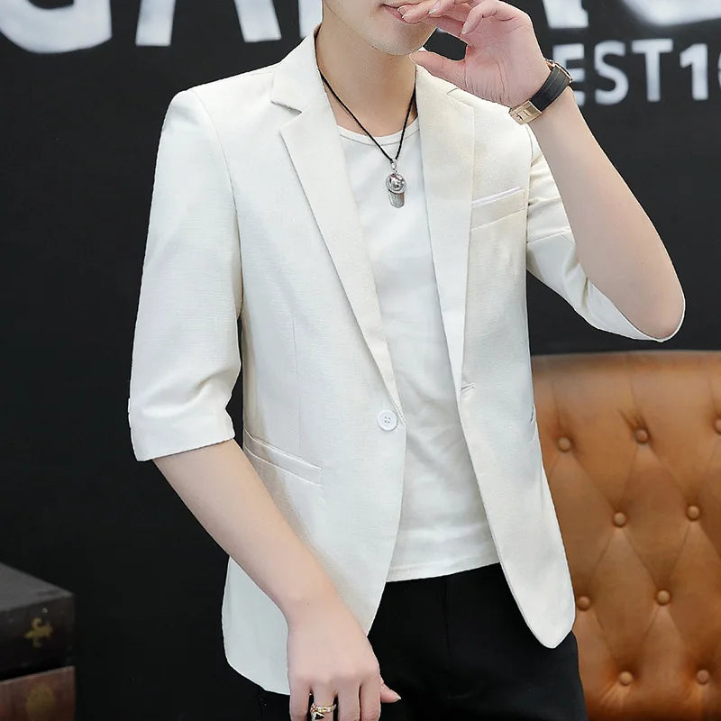 2026 New Thin Section Men's Linen Seven-quarter Sleeve Blazer, Fashionable Slim Summer Jacket, Beige Gray Light Green Optional
