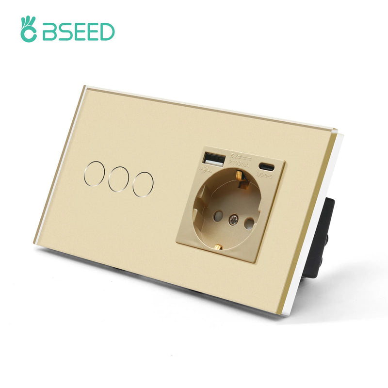BSEED EU Wall Sockets Single Power Outlet Double Glass Frame USB Type-C Charge Ports Triple Socket Plugs Kids Protection 16A