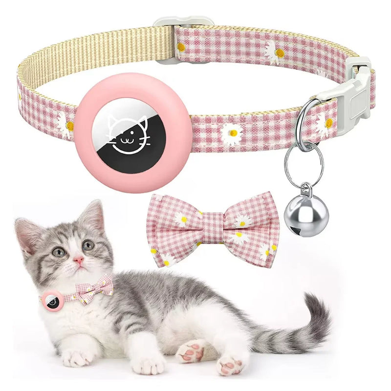 Breakaway Cat AirTag Holder Checkered Printed BowvCollar Adjustable Kitten Cat Collar with Bell Pet Air Tag Case