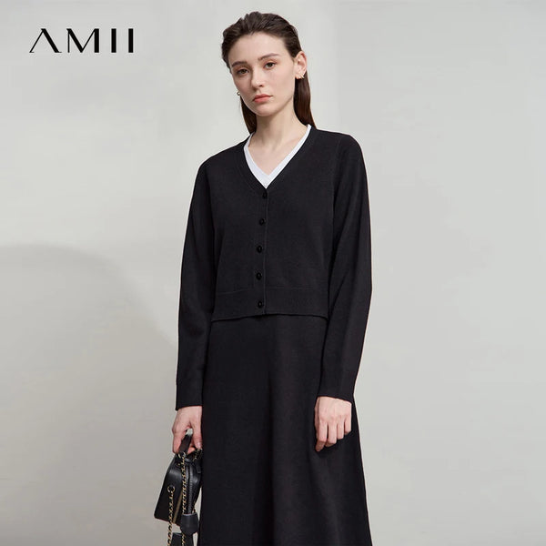 AMII Dress Ladies 2026 Autumn New Woman Clothing V-neck Fake Two-piece Knitted A-line Casual Elegant Dresses For Woman 12543051