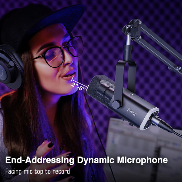 ឈុតមីក្រូហ្វូន FIFINE Dynamic XLR ជាមួយដៃប៊ូមសម្រាប់ Mixer, ឈុតមីក្រូហ្វូនលេងហ្គេម USB ជាមួយ RGB, ការគ្រប់គ្រងកម្រិតសំឡេងសម្រាប់កុំព្យូទ័រ PS5/4 AmpliGame AM8T
