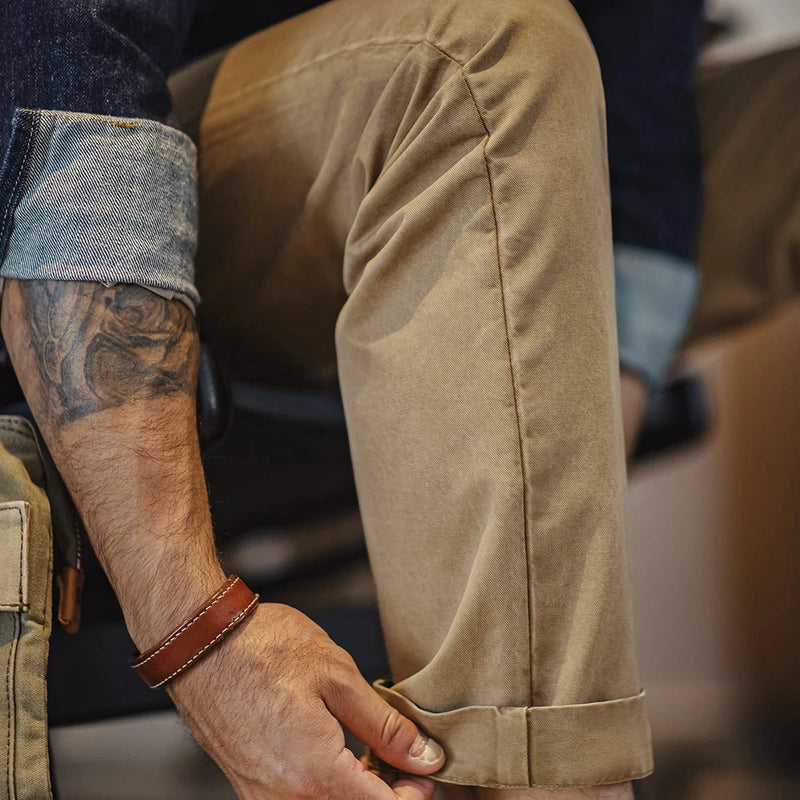 ខោ Maden Vintage Heavyweight Khaki Casual Pants Twill Cotton Straight Pants សម្រាប់សម្លៀកបំពាក់ការងាររដូវស្លឹកឈើជ្រុះរបស់បុរស ខោ Classic Zip Fly Pants