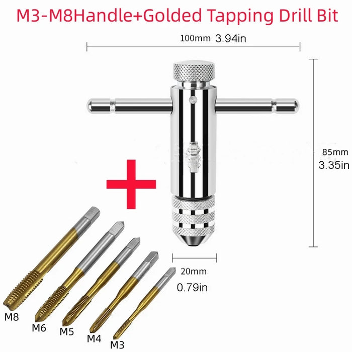 Adjustable T-Handle Ratchet Tap Holder Wrench, Machine Screw Thread Metric , Bothway Hand Screw Tap Set Manual Tapping Tool Kit M3-M8 Gold Set