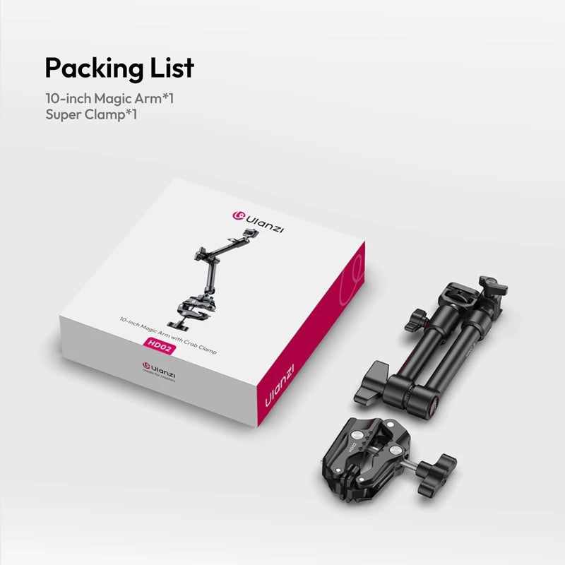 Ulanzi 10 inch Magic Arm Kit HD02 ជាមួយ Super Clamp 1/4" Screw Cold Shoe ក្បាលបាល់អាចលៃតម្រូវបាន 360° សម្រាប់ម៉ោនម៉ូនីទ័រ ម៉ោនកាមេរ៉ា