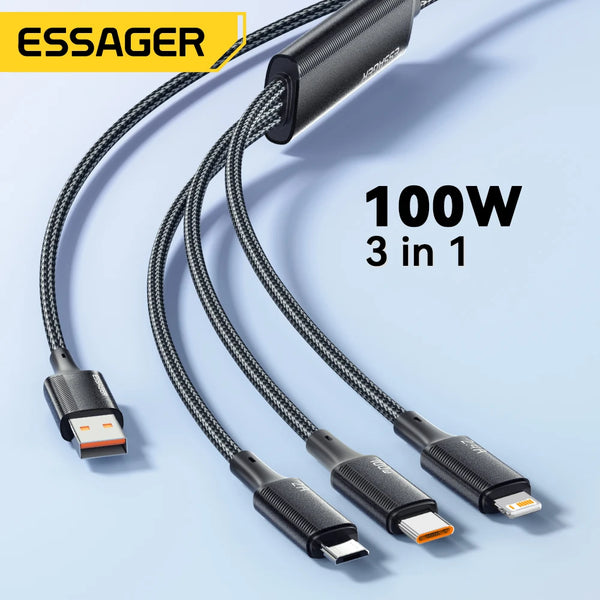 ខ្សែ Essager 100W USB C ទៅ Type C ទៅ Lighting PD Fast Charger Data 3 in 1 ខ្សែសាកលឿនសម្រាប់ Macbook iPhone Samsung Xiaomi