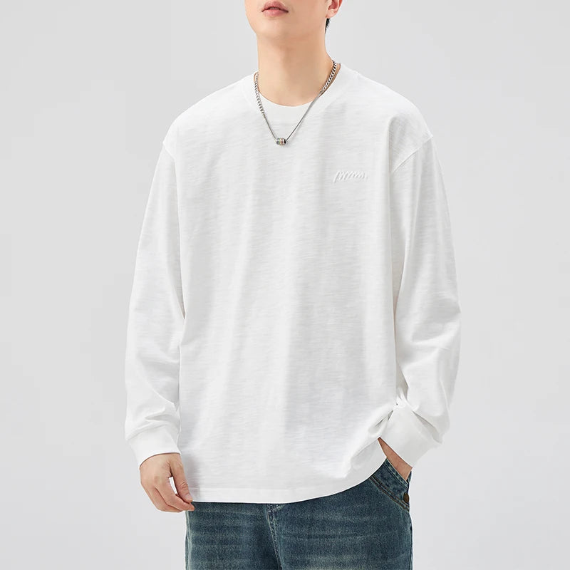 DUKEEN Heavyweight Slub Cotton Long Sleeve T-Shirt for Men Spring and Autumn Pure Cotton Crew-Neck Embroidered Tops Oversize