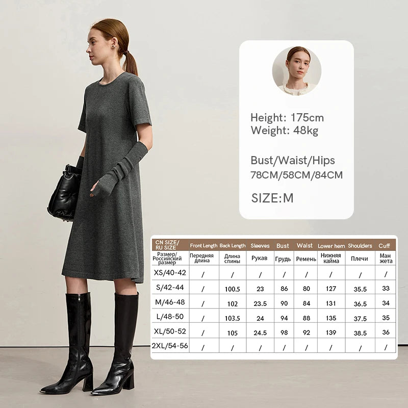 Amii Womens Dresses 2026 Winter New Minimalist Round Neck Loose Elastic Short Sleeves Knitted Wool Dresses For Woman 12544053