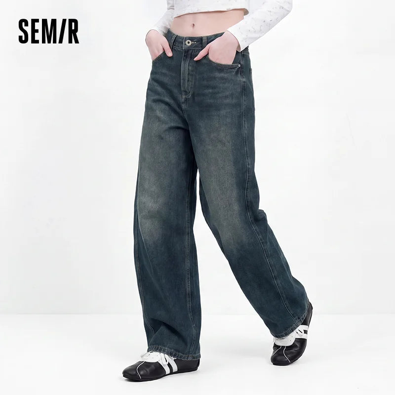 Semir Women Jeans Washed Curved Barrel Loose Draping Wide Leg 2026 Autumn Retro Street Style Denim Bottoms Daily Wear