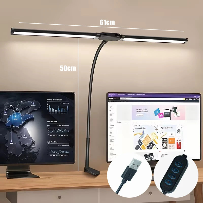 2-Head LED Desk Lamp Clip 5 Modes 10 Brightness Levels Adjustable Angle USB Suitable for Reading Learning Piano Monitor Office